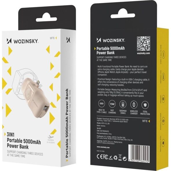 Mini powerbank Wozinsky WF16-YLS 5000mAh 15W Lightning z wbudowanym kablem USB-C i ładowarką do Apple Watch - beżowy
