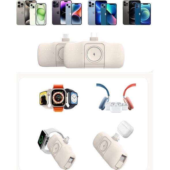 Mini powerbank Wozinsky WF16-YLS 5000mAh 15W Lightning z wbudowanym kablem USB-C i ładowarką do Apple Watch - beżowy