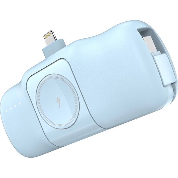Mini powerbank Wozinsky WF16-YLS 5000mAh 15W Lightning z wbudowanym kablem USB-C i ładowarką do Apple Watch - niebieski