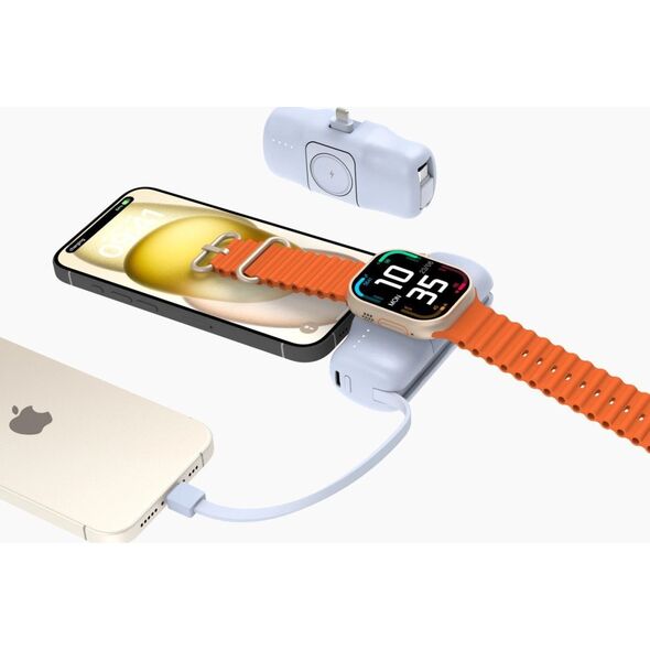 Mini powerbank Wozinsky WF16-YLS 5000mAh 15W Lightning z wbudowanym kablem USB-C i ładowarką do Apple Watch - niebieski