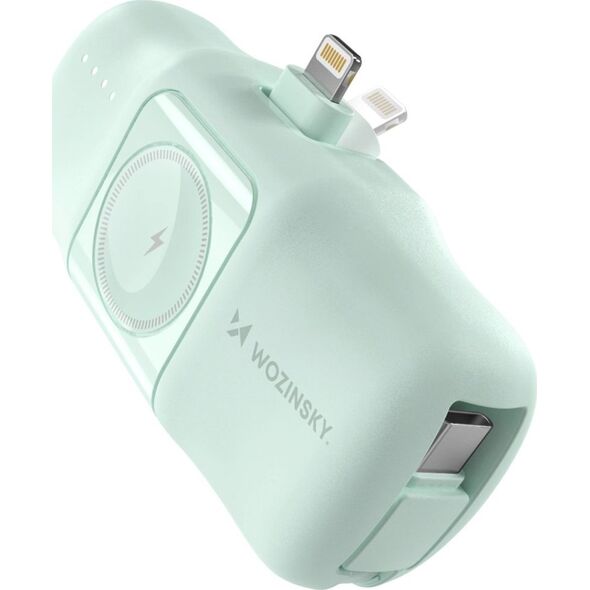 Mini powerbank Wozinsky WF16-YLS 5000mAh 15W Lightning z wbudowanym kablem USB-C i ładowarką do Apple Watch - zielony