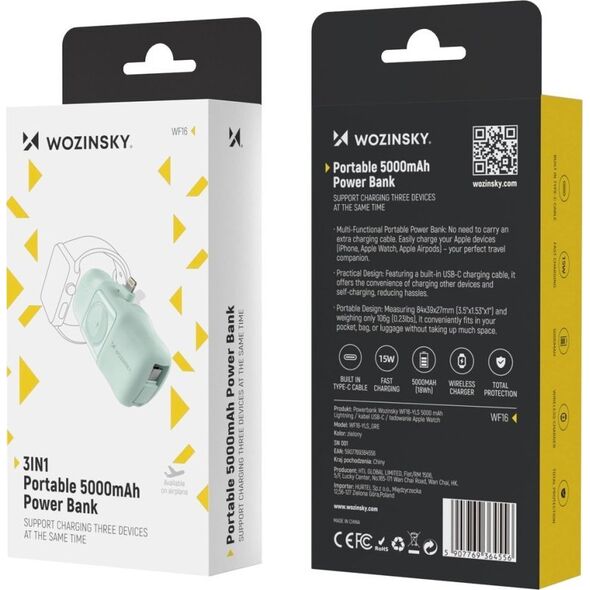 Mini powerbank Wozinsky WF16-YLS 5000mAh 15W Lightning z wbudowanym kablem USB-C i ładowarką do Apple Watch - zielony