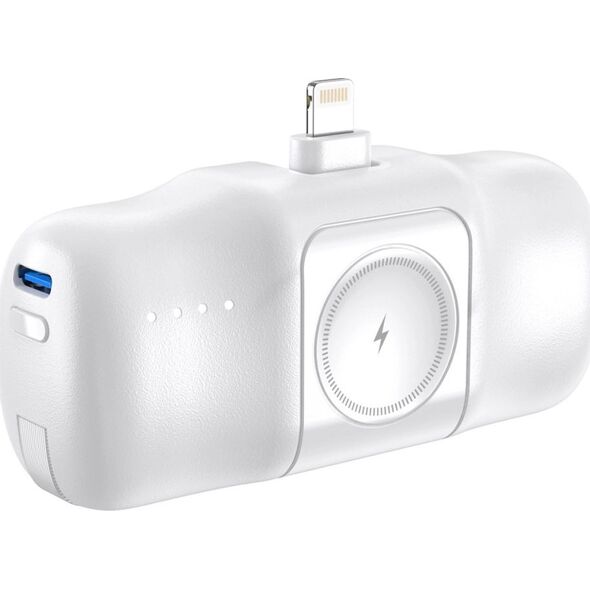 Mini powerbank Wozinsky WF16-YLS 5000mAh 15W Lightning z wbudowanym kablem USB-C i ładowarką do Apple Watch - biały