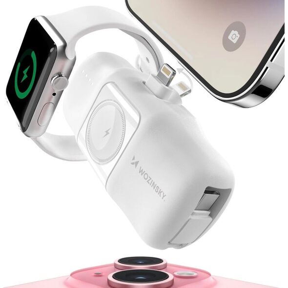Mini powerbank Wozinsky WF16-YLS 5000mAh 15W Lightning z wbudowanym kablem USB-C i ładowarką do Apple Watch - biały