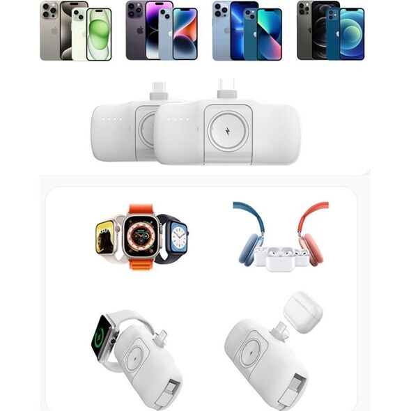 Mini powerbank Wozinsky WF16-YLS 5000mAh 15W Lightning z wbudowanym kablem USB-C i ładowarką do Apple Watch - biały