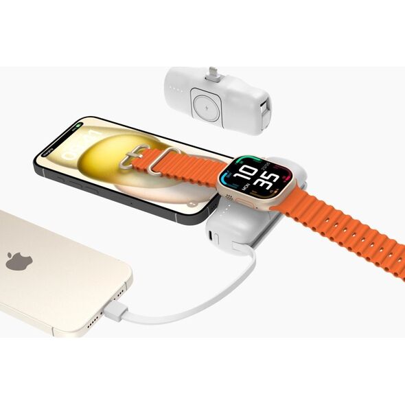 Mini powerbank Wozinsky WF16-YLS 5000mAh 15W Lightning z wbudowanym kablem USB-C i ładowarką do Apple Watch - biały