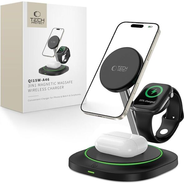 TECH-PROTECT QI15W-A46 3IN1 MAGNETIC MAGSAFE WIRELESS CHARGER BLACK standard