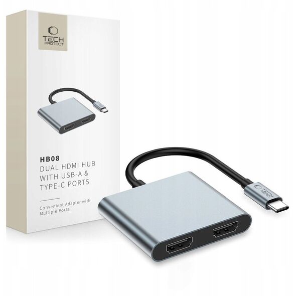 Adapter Tech-Protect HB08 HUB 4in1 USB-C, USB-A 2.0, 2xHDMI 4K 60Hz Space Grey