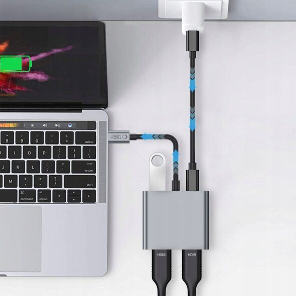 Adapter Tech-Protect HB08 HUB 4in1 USB-C, USB-A 2.0, 2xHDMI 4K 60Hz Space Grey