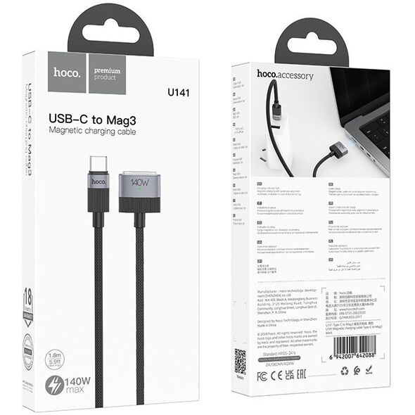Kabel USB C do Mag3 Hoco 5A 140W magnetyczny 1,8 m U141 czarny