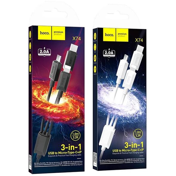 Kabel 3w1 USB A do Lightning / Micro USB / USB C Hoco 2A X74 1 m czarny