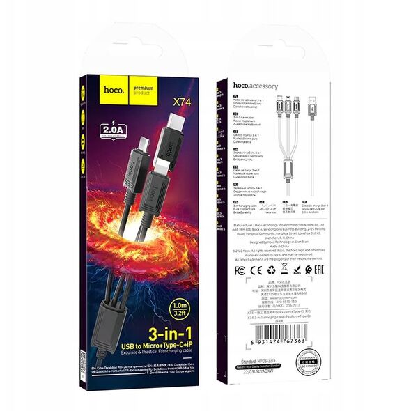 Kabel 3w1 USB A do Lightning / Micro USB / USB C Hoco 2A X74 1 m czarny