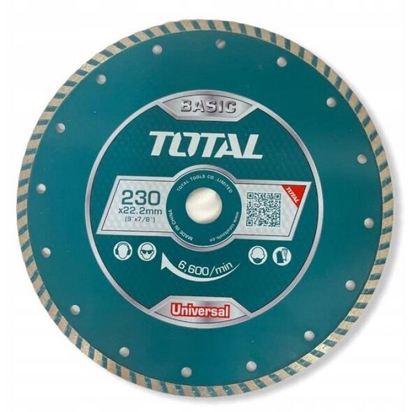 Deimantinis pjovimo diskas TOTAL, sausam pjovimui, 230x22 mm, segmento plotis 7,5 mm, TAC2112303
