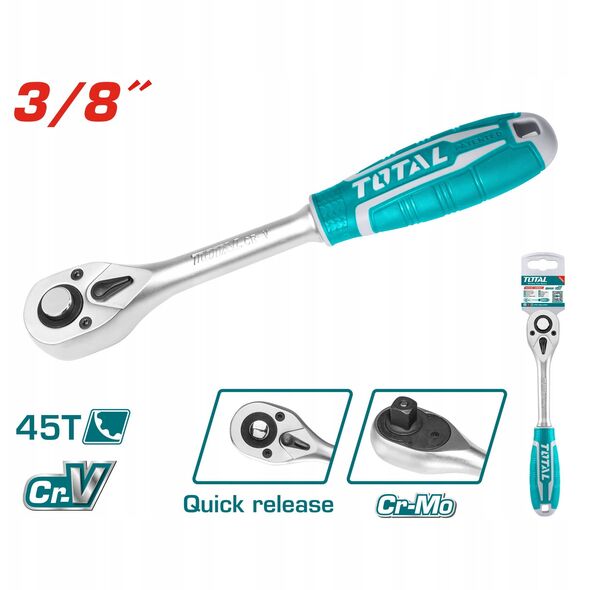 Terksline rankena galvutems TOTAL, CR-V+Cr-Mo, 3/8", 45T, 205 mm, THT106386