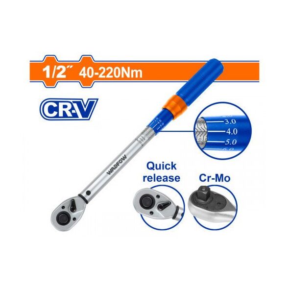 Dinamometrinis raktas WADFOW, Cr-V+Cr-Mo, 40-220 N.m, 430 mm, WWQ1D12