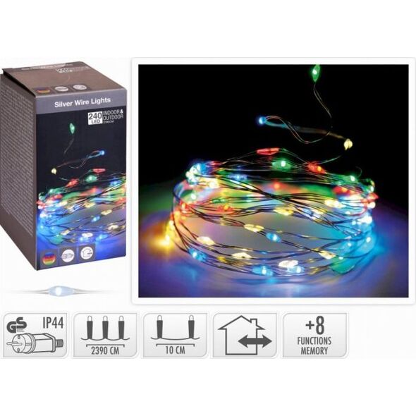 KMTP Lampki świąteczne na srebrnym druciku 240 LED kolorowe 23.9m programator IP44 lampki dekoracyjne