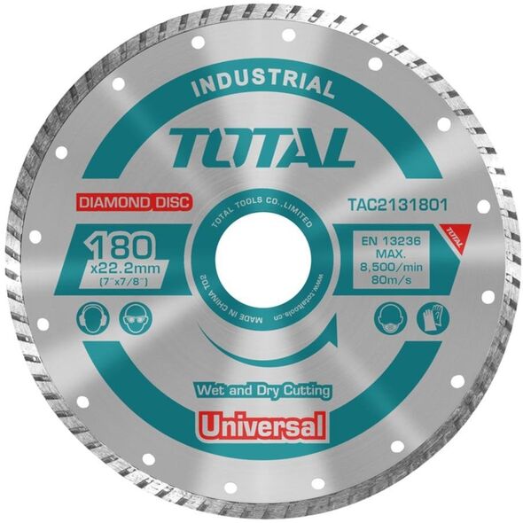 Deimantinis pjovimo diskas TOTAL, Turbo, sausam, slapiam pjovimui, 180x22 mm, segmento plotis 10 mm,