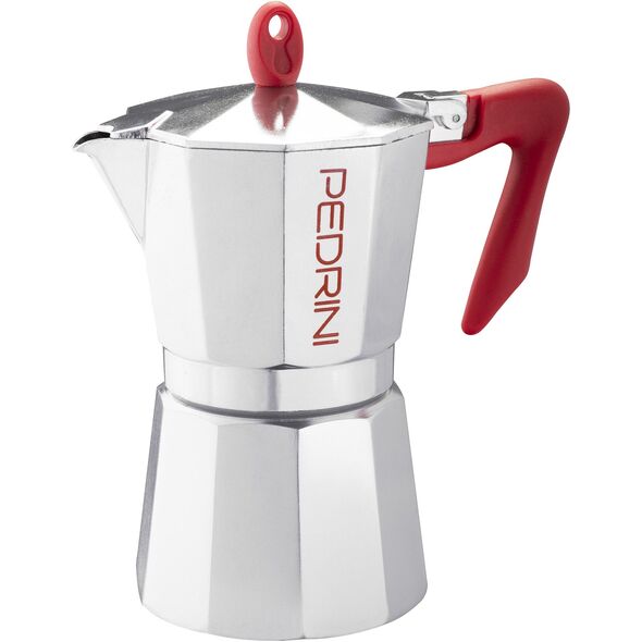 Pedrini Coffee Maker polished Aluminum 6 Cups silver red (9084-0) (90840)