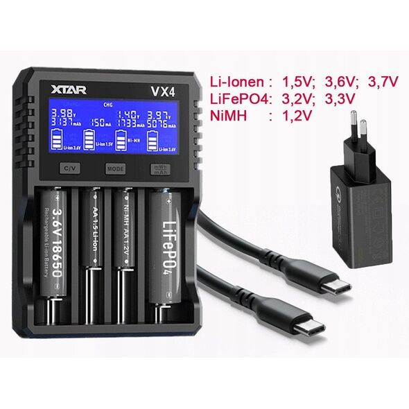 Ładowarka do akumulatorów Li-ion 1,5V / 3,6 / 3,7V / Li-FePO4 / Ni-MH, zestaw z zasilaczem - 4 kanały