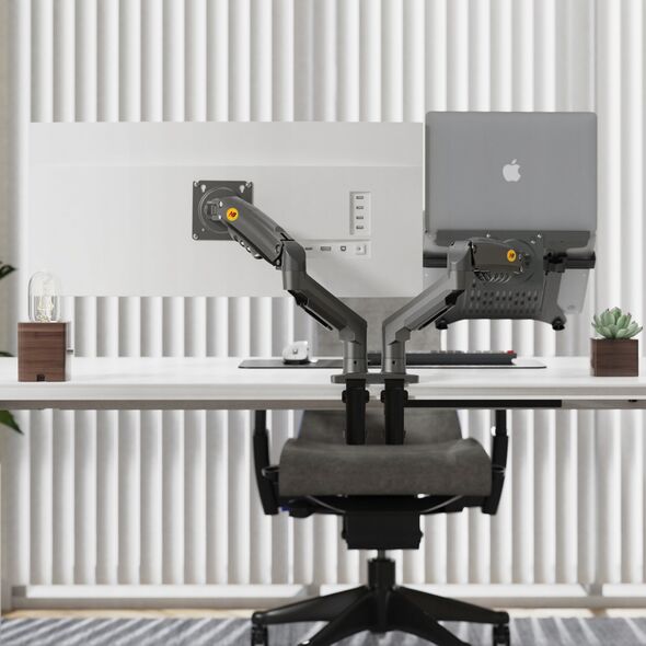 F160-FP Podwójny Ergonomiczny uchwyt biurkowy do laptopa i monitora Regulacja 3D