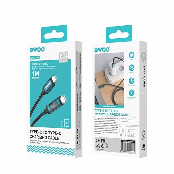 BWOO kabel Pleciony USB-C - USB-C 1m 60W z animowanym podświetleniem, czarny