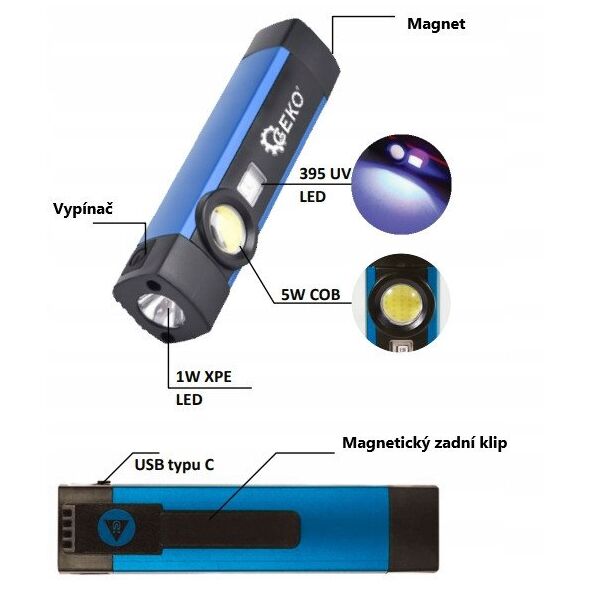 Latarka wielofunkcyjna z magnesem + UV LED COB 5W 2000mAh 300lm IP54 – kartonik wystawowy (12/96)