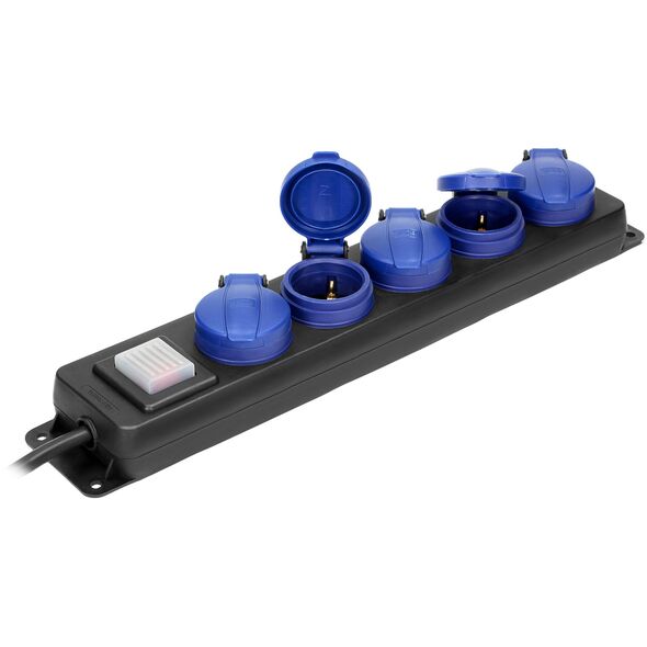 Przedłużacz warsztatowy bryzgoszczelny z wyłącznikiem, 5 gniazd 2P+Z, IP44, schuko przewód gumowy, H05RR-F 3x1,5mm2, długość 5m