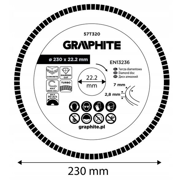Diamond cutting disc GRAPHITE, 230 x 2.8 x 22.2 mm, for concrete, dry cutting