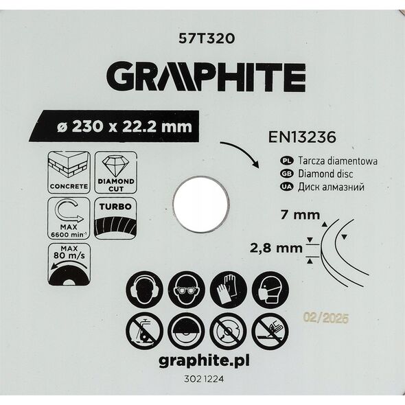 Diamond cutting disc GRAPHITE, 230 x 2.8 x 22.2 mm, for concrete, dry cutting