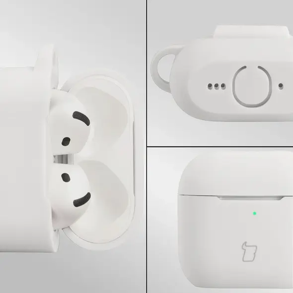 Silikonowe etui z karabińczykiem Bizon Case Headphone Silicone do Apple AirPods 4 białe