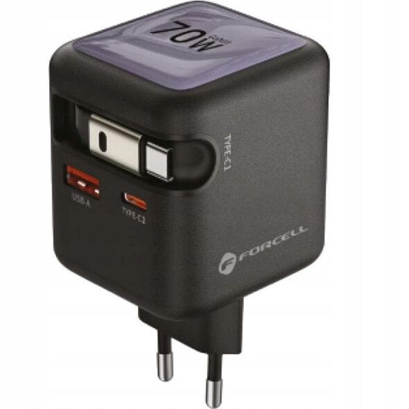 Φορτιστής τοίχου για τηλέφωνο Forcell F-Energy GaN USB C + USB A + αναδιπλούμενο καλώδιο USB C PD QC4.0 3A 70W VT-R7 γκρι
