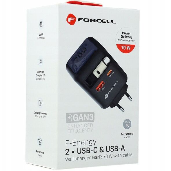 Φορτιστής τοίχου για τηλέφωνο Forcell F-Energy GaN USB C + USB A + αναδιπλούμενο καλώδιο USB C PD QC4.0 3A 70W VT-R7 γκρι