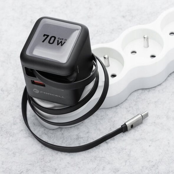 Φορτιστής τοίχου για τηλέφωνο Forcell F-Energy GaN USB C + USB A + αναδιπλούμενο καλώδιο USB C PD QC4.0 3A 70W VT-R7 γκρι
