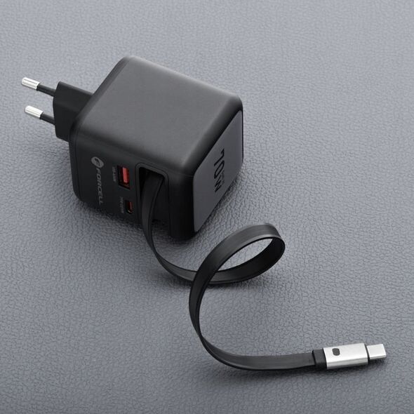 Φορτιστής τοίχου για τηλέφωνο Forcell F-Energy GaN USB C + USB A + αναδιπλούμενο καλώδιο USB C PD QC4.0 3A 70W VT-R7 γκρι