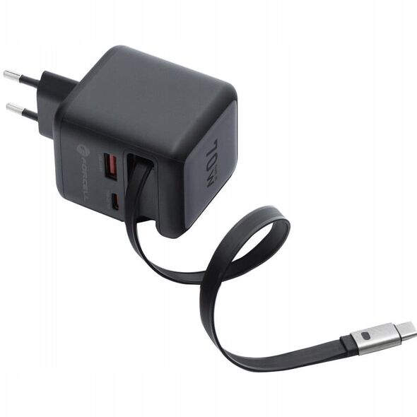 Φορτιστής τοίχου για τηλέφωνο Forcell F-Energy GaN USB C + USB A + αναδιπλούμενο καλώδιο USB C PD QC4.0 3A 70W VT-R7 γκρι