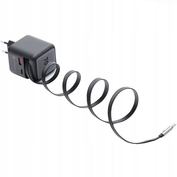 Φορτιστής τοίχου για τηλέφωνο Forcell F-Energy GaN USB C + USB A + αναδιπλούμενο καλώδιο USB C PD QC4.0 3A 70W VT-R7 γκρι