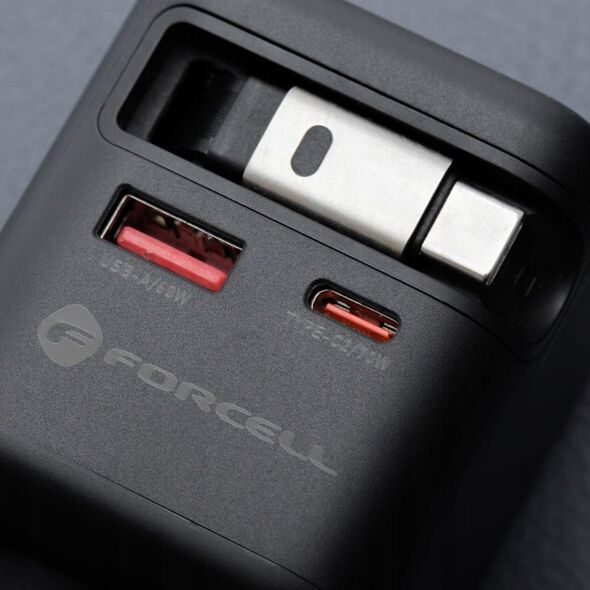Φορτιστής τοίχου για τηλέφωνο Forcell F-Energy GaN USB C + USB A + αναδιπλούμενο καλώδιο USB C PD QC4.0 3A 70W VT-R7 γκρι