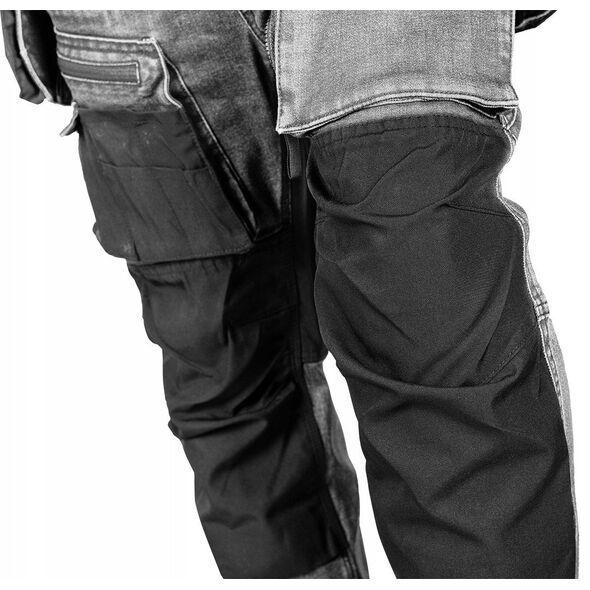 Spodnie robocze DENIM, wzmocnienia Cordura, odpinane kieszenie kaburowe, szare, rozmiar XS
