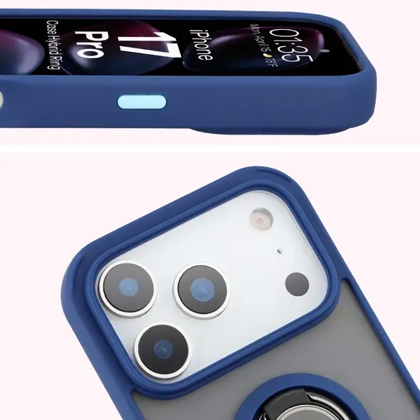 Etui z uchwytem na palec Bizon Case Hybrid Ring do Apple iPhone 17 Pro przydymione z granatową ramką