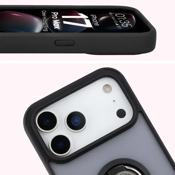Etui z uchwytem na palec Bizon Case Hybrid Ring do Apple iPhone 17 Pro Max przydymione z czarną ramką