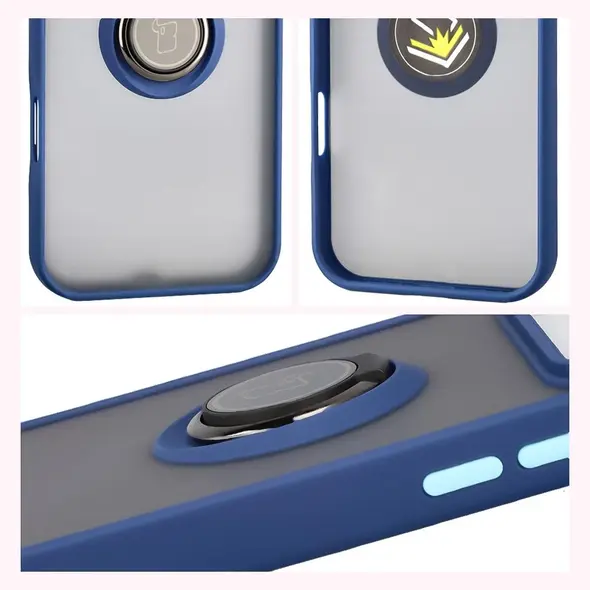 Etui z uchwytem na palec Bizon Case Hybrid Ring do Apple iPhone 17 Pro Max przydymione z granatową ramką