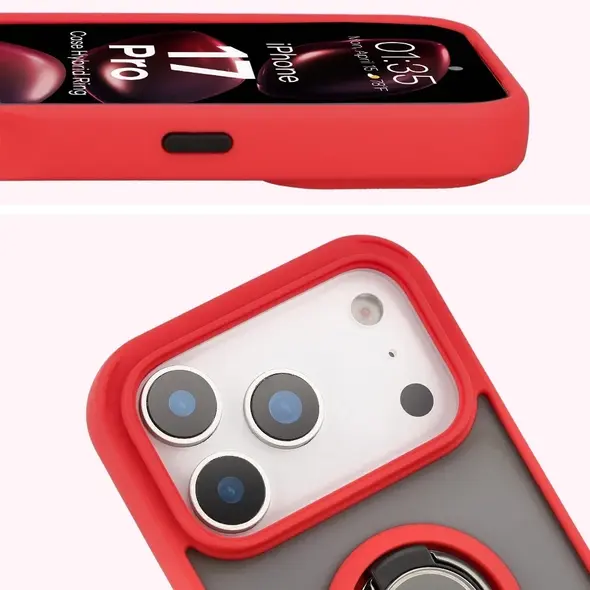 Etui z uchwytem na palec Bizon Case Hybrid Ring do Apple iPhone 17 Pro przydymione z czerwoną ramką