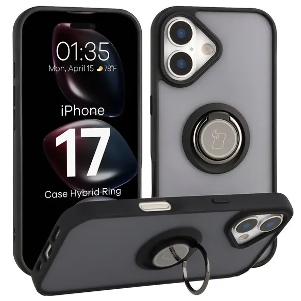 Etui z uchwytem na palec Bizon Case Hybrid Ring do Apple iPhone 17 przydymione z czarną ramką