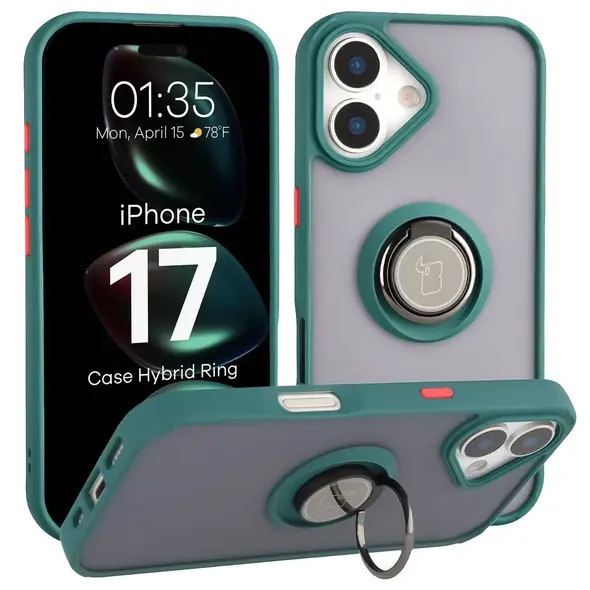 Etui z uchwytem na palec Bizon Case Hybrid Ring do Apple iPhone 17 przydymione z ciemnozieloną ramką