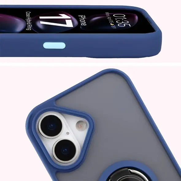 Etui z uchwytem na palec Bizon Case Hybrid Ring do Apple iPhone 17 przydymione z granatową ramką