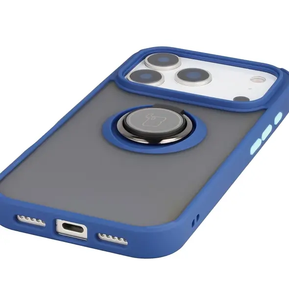 Etui z uchwytem na palec Bizon Case Hybrid Ring do Apple iPhone 17 Pro przydymione z granatową ramką