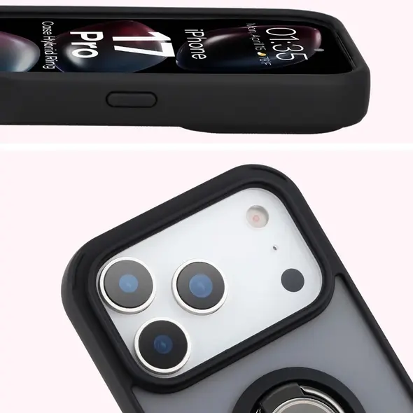 Etui z uchwytem na palec Bizon Case Hybrid Ring do Apple iPhone 17 Pro przydymione z czarną ramką
