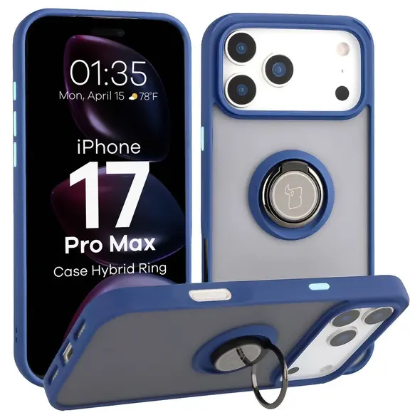 Etui z uchwytem na palec Bizon Case Hybrid Ring do Apple iPhone 17 Pro Max przydymione z granatową ramką