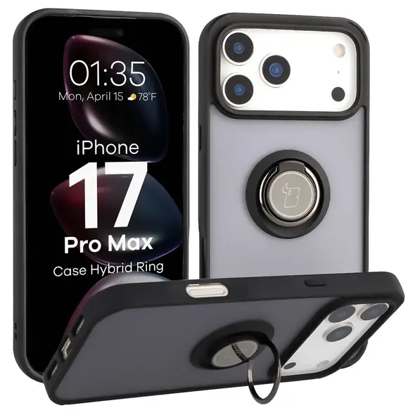 Etui z uchwytem na palec Bizon Case Hybrid Ring do Apple iPhone 17 Pro Max przydymione z czarną ramką