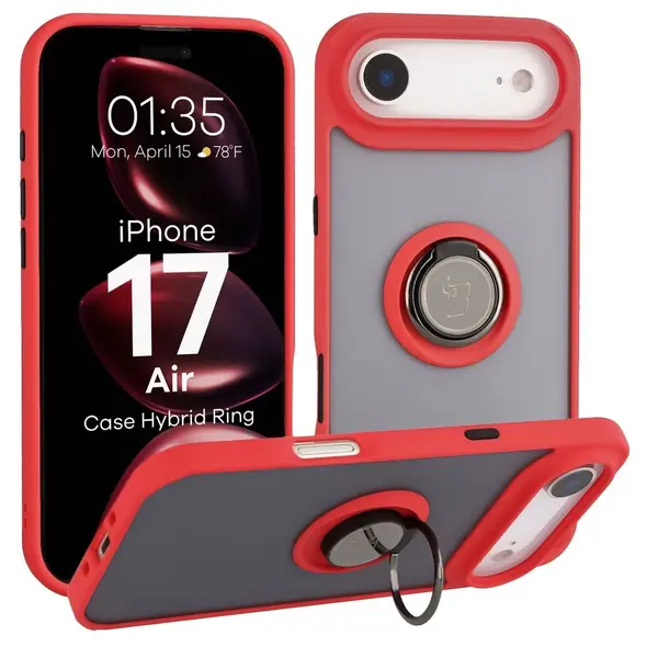 Etui z uchwytem na palec Bizon Case Hybrid Ring do Apple iPhone 17 Air przydymione z czerwoną ramką